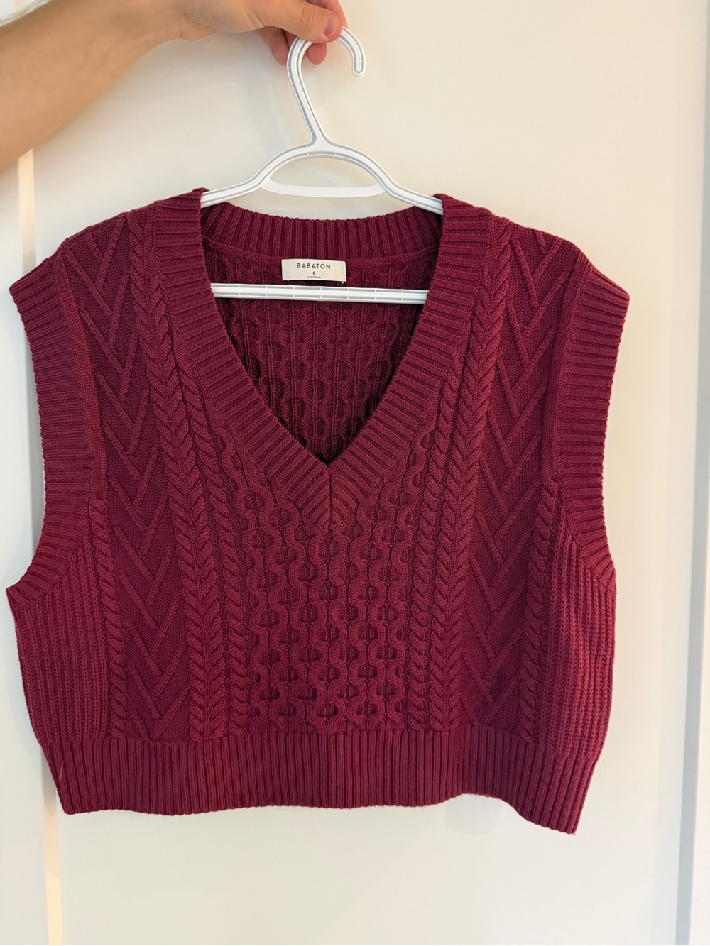 Babaton Aritzia Cable Knit V-Neck Sweater Vest in Berry